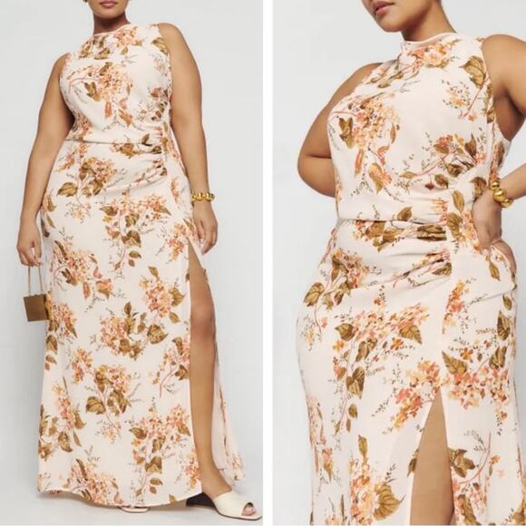 Reformation Senna Floral Ruched High Neck High Slit Bella Maxi Dress Size 18 - Picture 2 of 11
